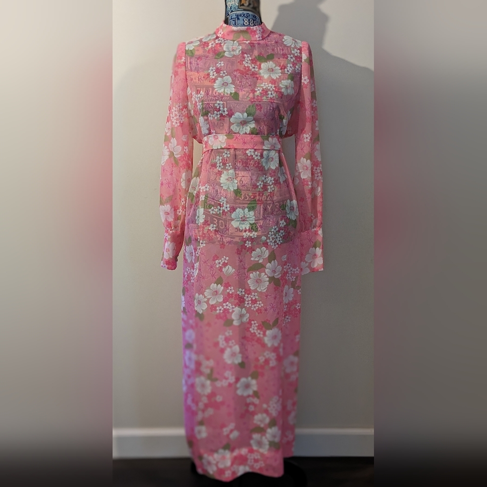 Beautiful Sheer Pink Floral Print Maxi Dress